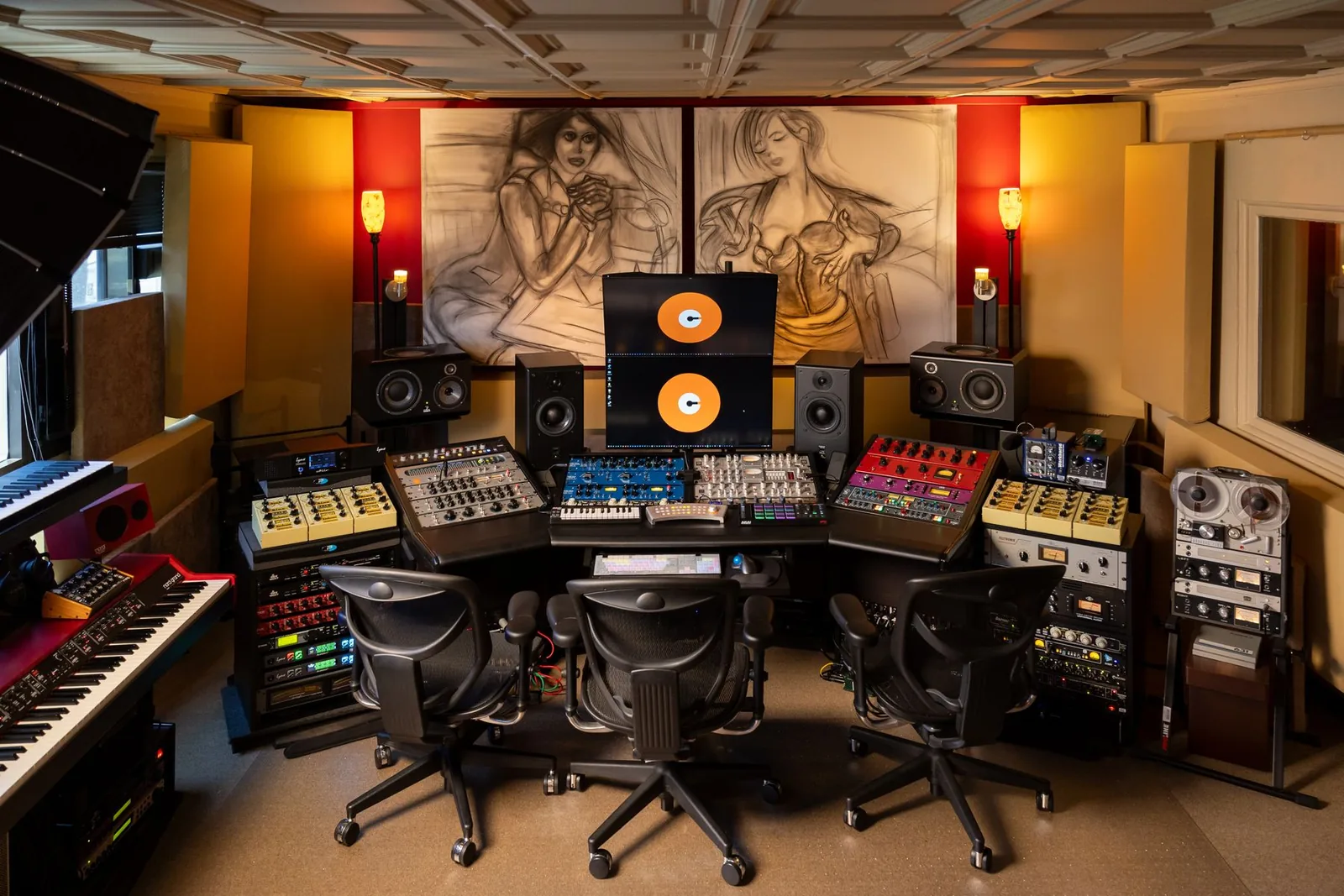 Photo of the OC Recording Company control room, showing the engineer's desk, mixing console, monitor speakers, and surrounding rack gear.